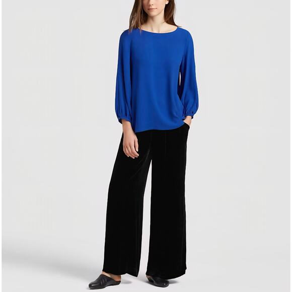 Eileen Fisher 100% Silk Split Sleeve Blouse Top Size L Royal Blue Relaxed Fit - Picture 2 of 9